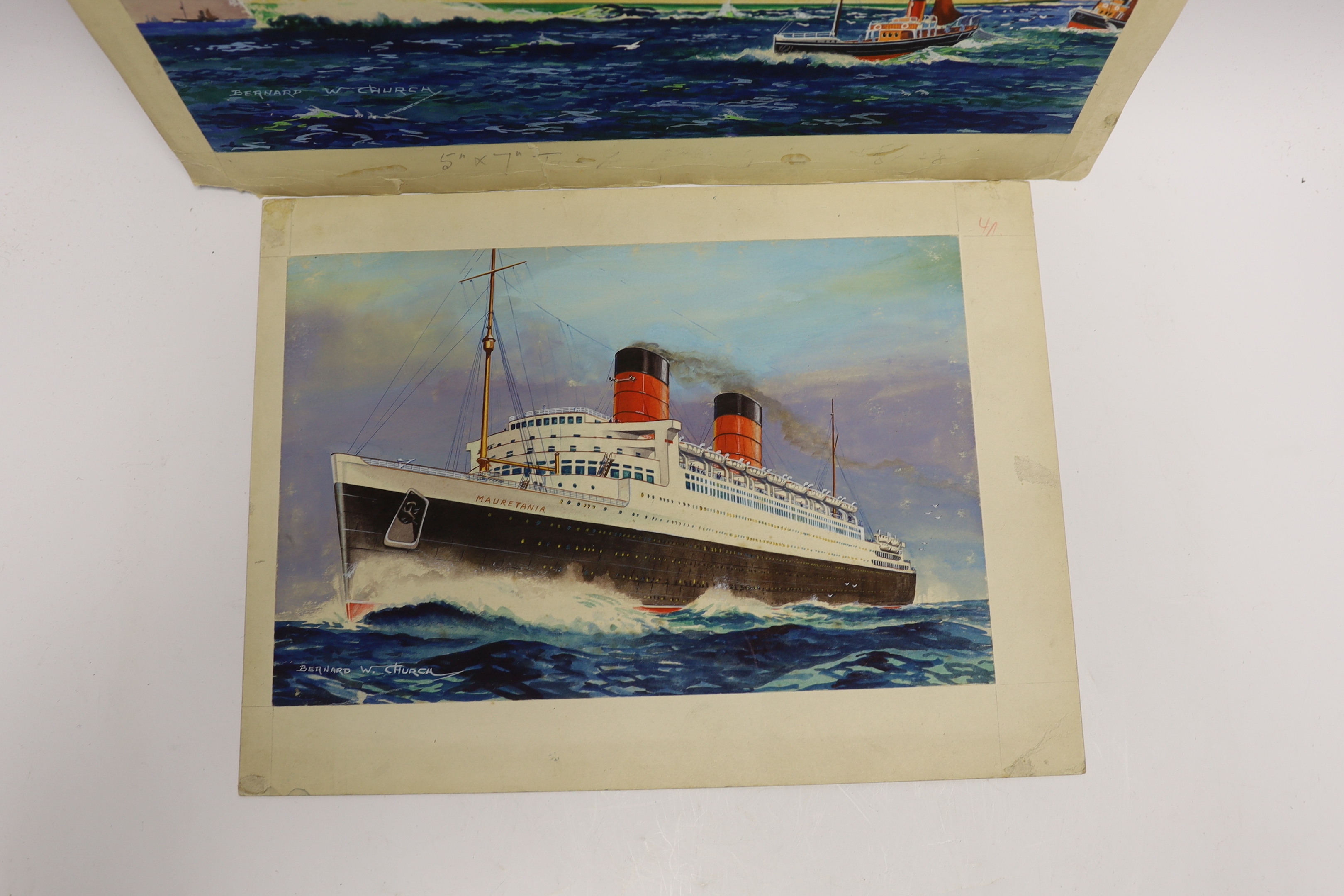 Bernard William Church, two watercolours of 1930s ocean liners, RMS Mauretania, Cunard White Star Line, 19 x 29cm and RMS Orion, Orient Line, 25.5 x 35.5cm, both signed